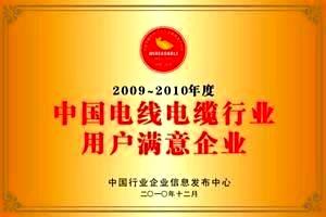 9游会电线电缆荣获2009～2010年度中国电线电缆行业用户满意企业